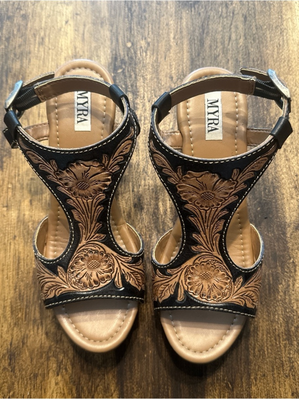 Myra Bag Black and Tan Floral Tooled Leather Sandals for Women